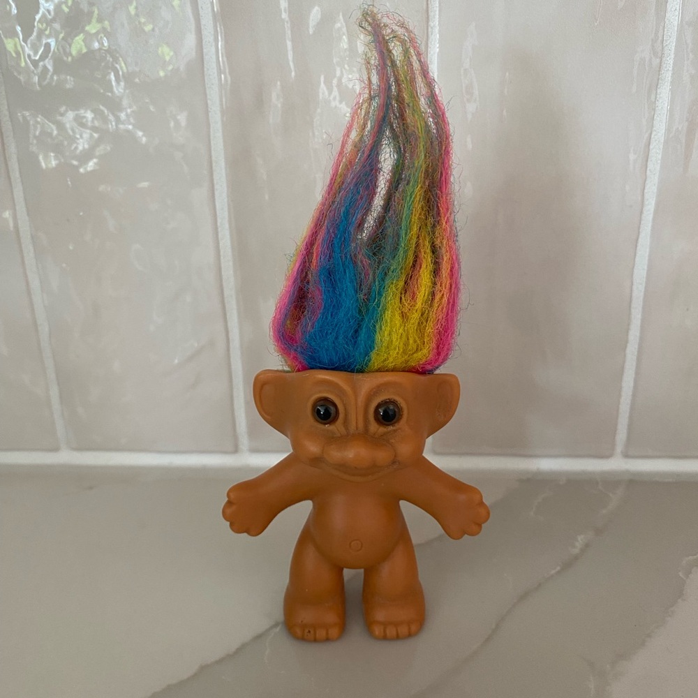 Vintage Russ Troll Figure Brown Body Multicolor Hair Collectible Fantasy Toy